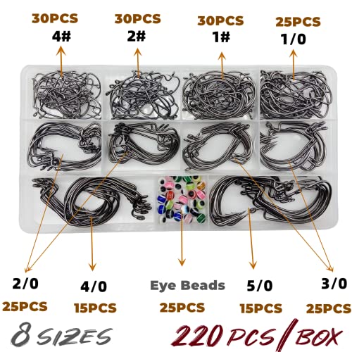 220Pcs/Box 2X Strong High Carbon Steel Worm Fishing Hook,8 Sizes Mixed(5/0,4/0,3/0 2#,4#), Senko Soft Bait Fish Hook Set for Bass,Barded Design,25 Pcs Eye Beads Bait