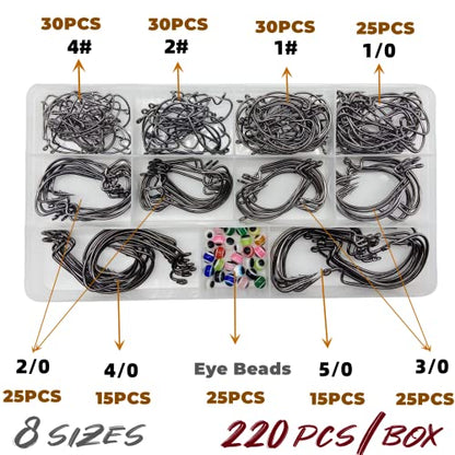 220Pcs/Box 2X Strong High Carbon Steel Worm Fishing Hook,8 Sizes Mixed(5/0,4/0,3/0 2#,4#), Senko Soft Bait Fish Hook Set for Bass,Barded Design,25 Pcs Eye Beads Bait