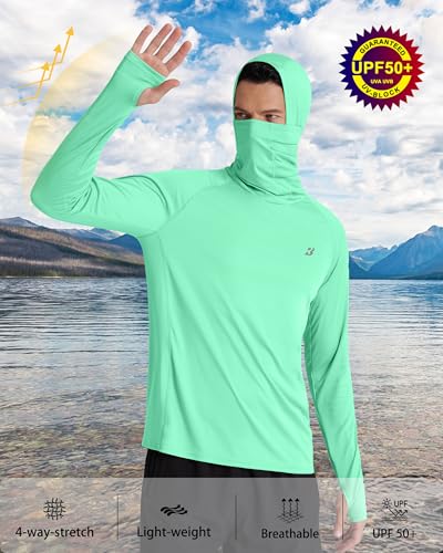 Roadbox UPF 50+ Men's Hooded Fishing Shirts, Long Sleeve UV Sun Protection Hoodie Hiking Running Swim Rash Guard with Mask - color: Mint Green, size: Small