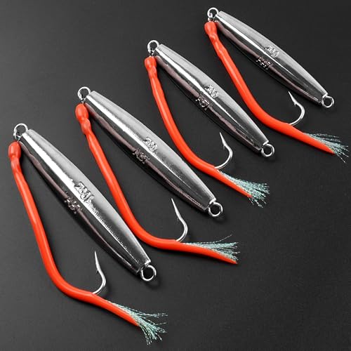 Diamond Jig Saltwater Fishing Lures Casting Jigging Spoon with Tube Tail Stainless Steel Hooks Trolling Lures Striped Bass Metal Jig for Deep Sea Surf Fishing Bottom Dragging Sinking - color: Red, size: 10 oz