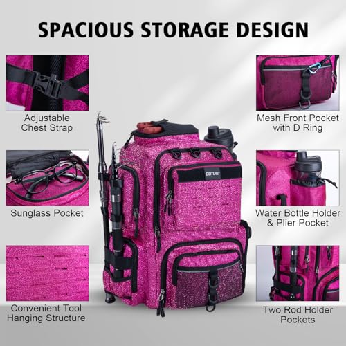 Goture Fishing Backpack,900D Water-Resistant Tackle Backpack with Rod Holders,45L Large Fishing Bag Storage Gear Tackle Bag with Rain Cover,Bottle Holder for Travel Camping Hiking(Without Tackle Box) - color: A2:45L Bling Pink(Without Tackle Box)