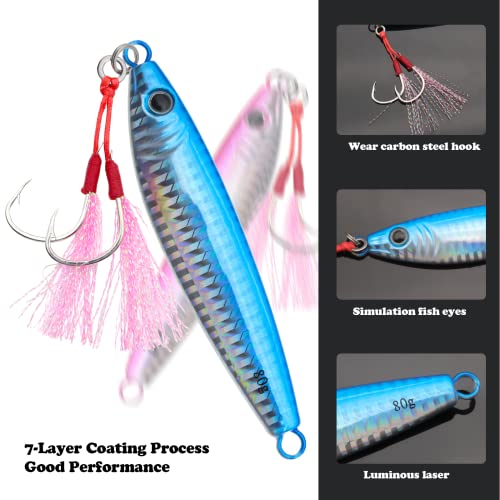 Fishing Jigs Vertical Saltwater Jigs Vertical Jigging Spoon Fishing Tuna Lures Boat Fishing Artificial Lures for Tuna, Grouper, Dogtooth, Snapper, Bass, Salmon/60g, 80g,120g - color: 3pcs-white&blue&red