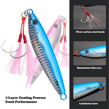 Fishing Jigs Vertical Saltwater Jigs Vertical Jigging Spoon Fishing Tuna Lures Boat Fishing Artificial Lures for Tuna, Grouper, Dogtooth, Snapper, Bass, Salmon/60g, 80g,120g - color: 3pcs-white&blue&red