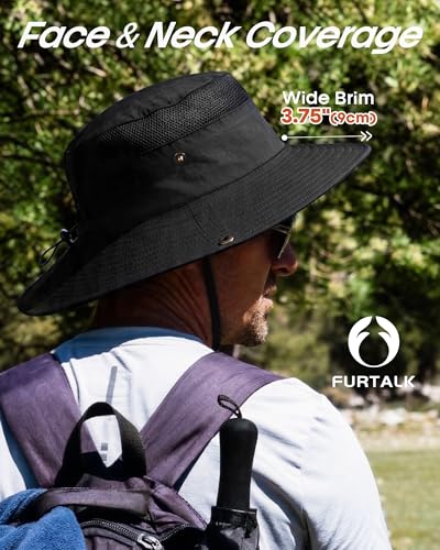 FURTALK Sun Hats for Men Women UPF Sun Protection Breathable Wide Brim | Nylon UV Protection, Breathable Adjustable, 2-in-1 Wide Brim, Packable Water-Resistant, Fishing Hiking Summer - color: Black