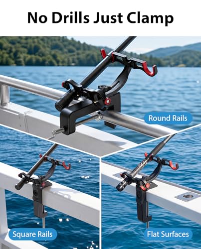 Clamp On Fishing Rod Holder for Boat Canoe Pontoon Kayak Dock | 360° Adjustable, Heavy Duty, Round & Square Rail Mount, Saltwater Safe - color: Dual Rod Holder- 2 Pack