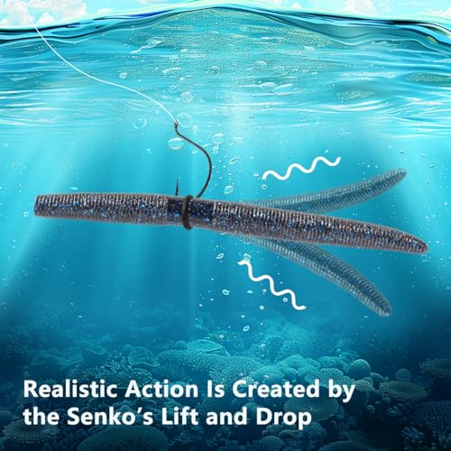 Senko Bait Soft Plastic Lures 5" Senkos 24 Pcs/100pcs for Wacky Rig Freshwater Fishing Green Pumpkin senko with Black Flake Pink Watermelon Double Color - style: Black Blue Flake