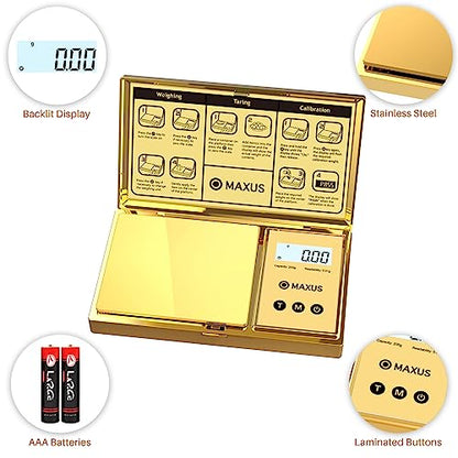 MAXUS Digital Gram Scale with 200g x 0.01g Capacity, Stylish Gold Plated Cover and Platform for Accurate and Precise Weighing of Jewelry, Grains, and Food in Grams and Ounces - color: Gold
