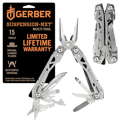 Gerber Suspension NXT 15-in-1 Multitool Pliers, EDC Knife, Stainless Steel | Stainless steel, needle nose pliers, wire stripper, survival/camping gear, gifts for men, EDC pocket clip - color: Stainless Steel