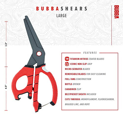 BUBBA Large Shears Fishing Tool With Micro-Serrated Blades for Braided Line - Clip Sheath Included - size: Large