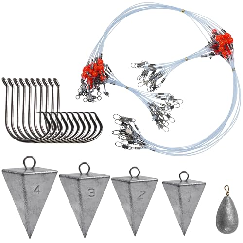 Saltwater Surf Fishing Tackle Kit - Saltwater Surf Fishing Rigs Bottom Rigs Include Fishing Leader Rigs Pyramid Sinkers Bass Casting Sinker Circle Hooks for Striped Bass Red Drum Flounder - color: Blue