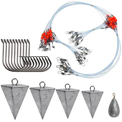 Saltwater Surf Fishing Tackle Kit - Saltwater Surf Fishing Rigs Bottom Rigs Include Fishing Leader Rigs Pyramid Sinkers Bass Casting Sinker Circle Hooks for Striped Bass Red Drum Flounder - color: Blue