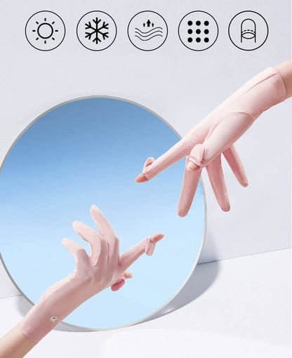 Women Fingless UV Protection Sunblock Gloves,Non-Slip Driving-Gloves Cyling - color: Pink-full Finger