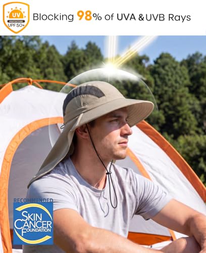 Home Prefer UPF 50+ Sun Hats for Men Women Wide Brim Fishing Hat with Neck Flap UV Protection Sunblock Safari Bucket Hat - color: Vert Khaki