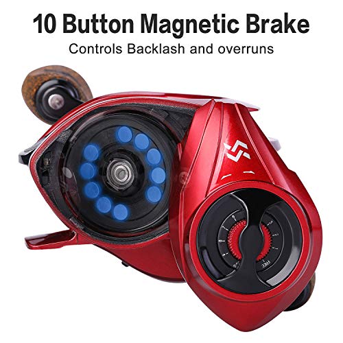 Sougayilang Baitcasting Reels, 8:1 Gear Ratio Fishing Reel with Magnetic Braking System Casting Reel, 9 + 1 Ball Bearings Super Smooth Anti-Corrosion Baitcaster Reel - color: Energy Red-Right