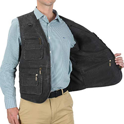 Men's Stone Washed Denim Multi-pocketed Fishing Work Outerwear Vest - color: Black, size: Large