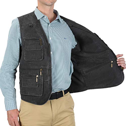 Men's Stone Washed Denim Multi-pocketed Fishing Work Outerwear Vest - color: Black, size: Medium