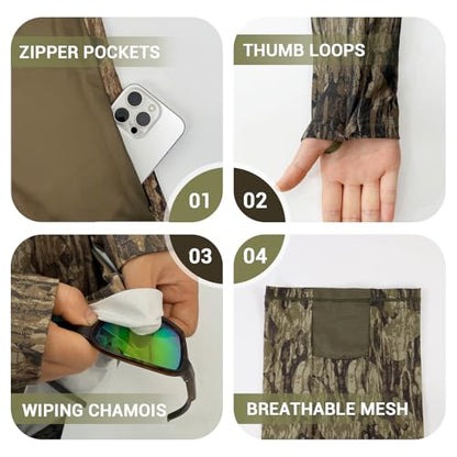 Palmyth Hunting Hoodie with Mask for Men Sun Protection Camo Fishing Shirts | UPF 50+, Mask Neck Gaiter, Quick Dry, 2 Zipper Pockets, Side Mesh Vent, Thumb Loops, Moisture Wicking, Stretchy, Breathable - color: Bark Ridge, size: Medium