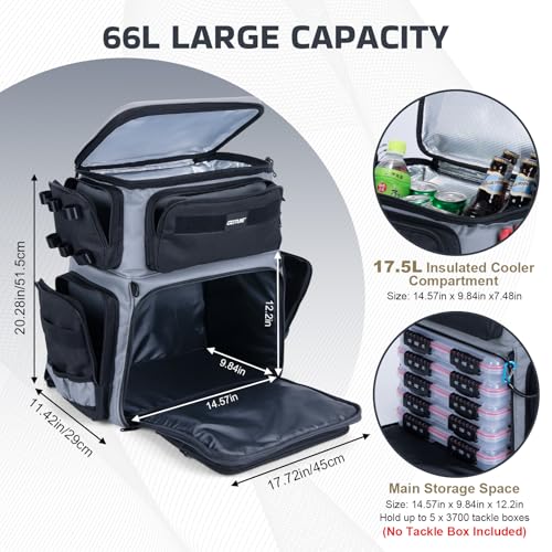 Goture Fishing Backpack with Cooler, 66L 600D Tackle Backpack with 3 Rod Holders, EVA Cover, Helmet Holder, Rain Cover, Saltwater Large Fishing Bag for Camping Hiking, Gear Storage Bag, Gifts for Men - color: A1:gray(without Tackle Box)