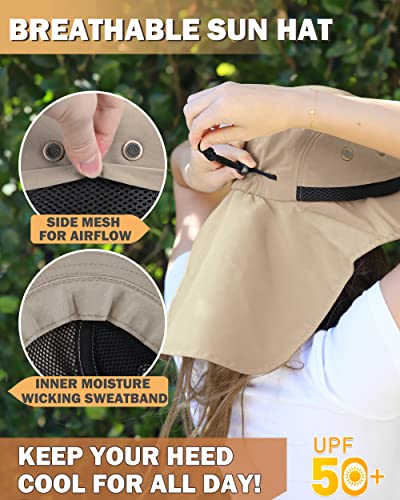 Tirrinia Wide Brim Sun Hat with Neck Flap for Men & Women, Breathable Hiking Fishing Safari Hat, Outdoor UV Protection Cap - color: # Khaki