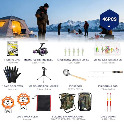 Ice Fishing Rod Reel Combo Complete Set Ice Fishing Gear with Backpack Seat Ice Cleats Ice Fishing Jigs Line Full Ice Fishing Kit