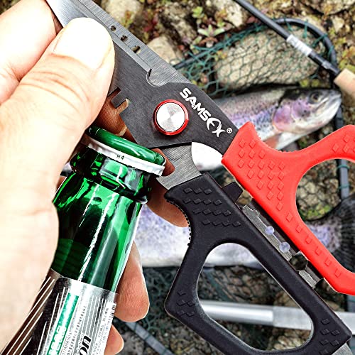 SAMSFX 6.5" Pro Fishing Shears Dual Serrated Blades, Fishing Braided Line Scissors with Titanium Coating, Non-Slip Grip & Multifunction Tool, Includes Hard Molded Locking Sheath & Coiled Lanyard - color: A: Black & Red Kraton Handle, Hard Sheath