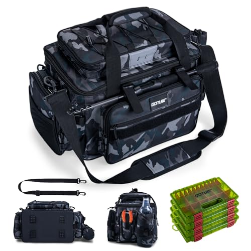 Goture Fishing Tackle Bag with 4pcs 3600 Tackle Boxes, 600D Water-Resistant Soft Side Saltwater Gear Storage Fishing Bag with Rod Straps, Detachable Water Bottle Pouch, Waterproof Bottom, SBS Zippers - color: C2:Camo with 4 3600 Tackle Boxes, size: Large