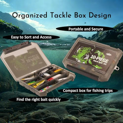 FONMANG Fishing Lures - Tackle Box with Tackle Included, Fishing Kit with VIBs, Frogs, Minnows, Soft Baits, Hooks & Weights Accessories, Freshwater Lure Kit for Bass Walleye Trout - color: F3-10pcs Hard Bait
