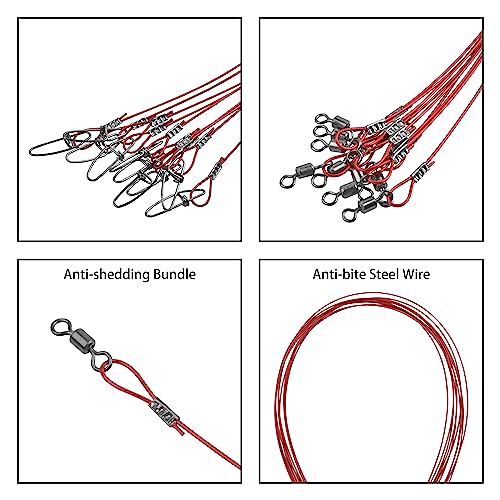 Fishing Wire Leaders Saltwater, 15pcs Heavy Duty 150LB Stainless Steel Line Leaders with Rolling Swivels and Snaps Nylon-Coated Saltwater Line Wire Leader Connect Tackle Lures Rig or Hooks 19.7inch - color: Red