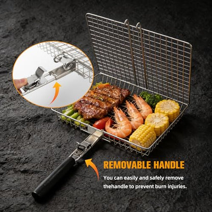 Grill Basket for Outdoor with Removable Handle,Stainless Steel BBQ Camping Cooking Accessories Tools for Meat Steak Fish Vegetable Shrimp, Gifts for Men Dad Husband