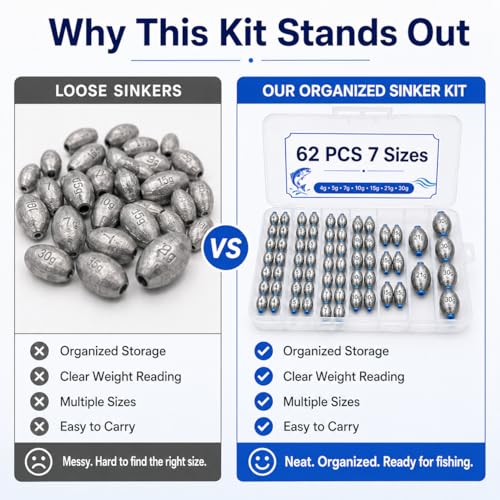 Egg Sinkers Fishing Weights Kit, 40/62pcs 6/7 Sizes Egg Sinker Assortment 1/8-1 oz, Slip Sinkers for Saltwater Freshwater Bass Catfish Fishing, Smooth Bore Lead Sinkers Weights with Tackle Box - size: 62 pcs / 7 Sizes