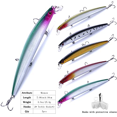 Jerk Baits for Bass Fishing, Jerkbait Fishing Lures, Minnow Lures Jerk Bait for Freshwater/Saltwater Fishing Lures for Trout Pike, 5pcs/10pcs with Box - color: L:7.08in/0.9oz/5pcs