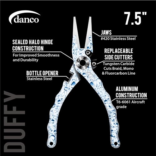 danco duffy 7.5-inch Fishing Pliers with Replaceable Line Cutters, Aircraft Grade Aluminum Fishing Gear, Saltwater Resistant Fishing Tools, Rubberized Paint Coating (White Water Drop) - color: White Water Drop