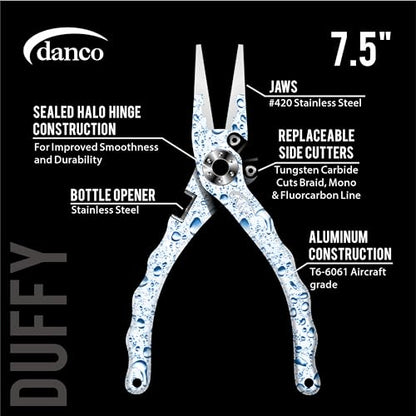 danco duffy 7.5-inch Fishing Pliers with Replaceable Line Cutters, Aircraft Grade Aluminum Fishing Gear, Saltwater Resistant Fishing Tools, Rubberized Paint Coating (White Water Drop) - color: White Water Drop