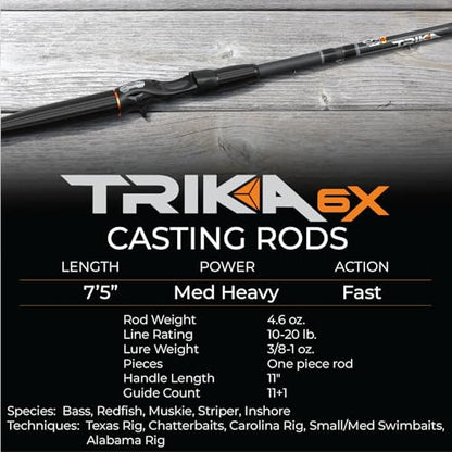 TRIKA 6X Spinning/Casting Carbon Rod Carbon Weave Rod for Extra Sensitive Vibration | Longer Casting | Lightweight Freshwater Fishing Pole - style: Casting 7'5" Medium Heavy/Fast 1pc.