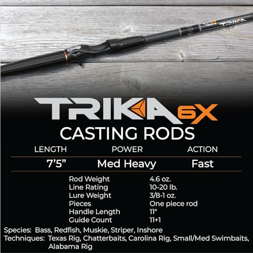 TRIKA 6X Spinning/Casting Carbon Rod Carbon Weave Rod for Extra Sensitive Vibration | Longer Casting | Lightweight Freshwater Fishing Pole - style: Casting 7'5" Medium Heavy/Fast 1pc.