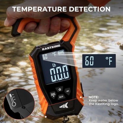 KastKing Weighmaster Mechanical-Digital Fishing Scale, 120 lb Capacity, 2.5" Backlit Display, High-Precision Sensor, 9 Weight Memory, Temperature Detection, IPX6 Waterproof, Fishing Gifts - style: B: Orange