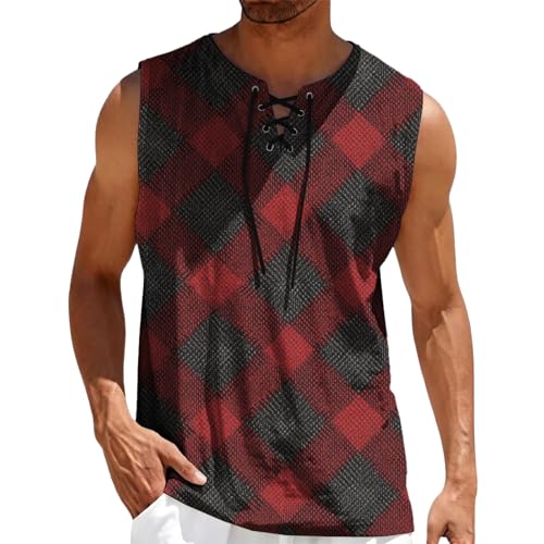 MARSVOVO Mens Print V-Neck Tank Tops Casual Lace-Up Loose Fit Graphic Vest Lightweight Breathable Sleeveless Shirts - color: Pattern O, size: Small
