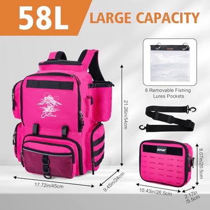 Goture Fishing Backpack, 900D Water-Resistant Tackle Backpack with Rod Holders, 58L Large Storage Gear Fishing Tackle Bag with Detachable Crossbody Bag,8 Lure Pockets,Bottle Holder for Camping Hiking - color: Pink