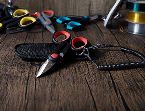 BXIO Fishing Scissors with Fishing Lanyard and Nylon Sheath, Braided Line Tools, Heavy Duty Anti-Slip Fiber Cable Cutter, Stainless Steel Fishing Pliers Scissors with Grinding Hook Tool - color: Black Red