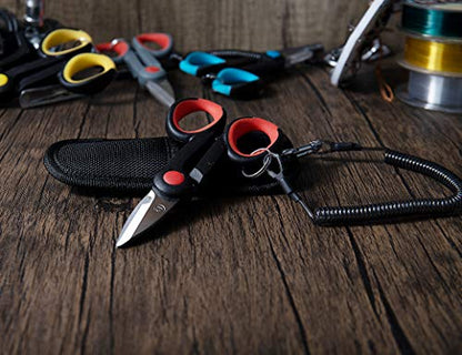 BXIO Fishing Scissors with Fishing Lanyard and Nylon Sheath, Braided Line Tools, Heavy Duty Anti-Slip Fiber Cable Cutter, Stainless Steel Fishing Pliers Scissors with Grinding Hook Tool - color: Black Red