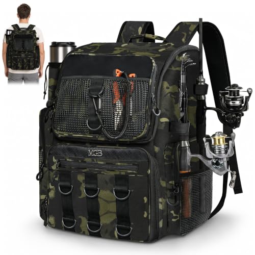 MGB Fishing Tackle Backpack with Rod Holders & YKK Zipper, 46L Fishing Bag with Bottle Holder, Storage Bag Store Fishing Gear - color: Green+black Camo（without Tackle Box）
