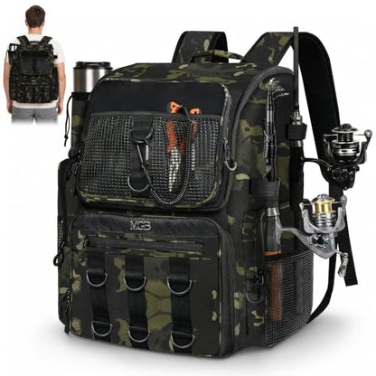 MGB Fishing Tackle Backpack with Rod Holders & YKK Zipper, 46L Fishing Bag with Bottle Holder, Storage Bag Store Fishing Gear - color: Green+black Camo（without Tackle Box）