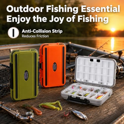 Small Tackle Box Organizer 3 Pack, Waterproof Double-Sided Fishing Lure Box | Mini Portable Floating Fishing Storage Container with Removable Dividers, Terminal Plastic Tackle Box (Green, Orange, Gray)