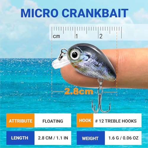 5PCS Micro Crankbait Fishing Lures Set, Lifelike 3D Eyes Hard Bait with Sharp Treble Hooks, Freshwater Saltwater Lures for Bass Trout Perch Walleye Pike, Tackle Box Included