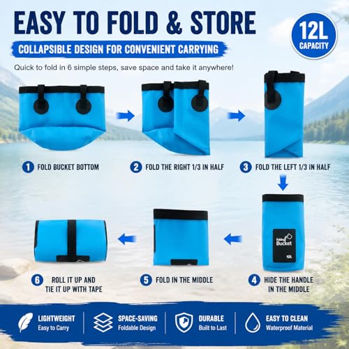 Foldable Fishing Landing Net and 12L Collapsible Water Bucket Set, Portable 2-in-1 Fishing Gear for Anglers, Extendable Anti-Tangle Fish Net with Folding Bucket for Shore, Dock, Boat and Camping