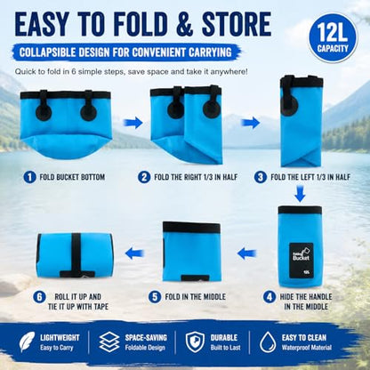 Foldable Fishing Landing Net and 12L Collapsible Water Bucket Set, Portable 2-in-1 Fishing Gear for Anglers, Extendable Anti-Tangle Fish Net with Folding Bucket for Shore, Dock, Boat and Camping
