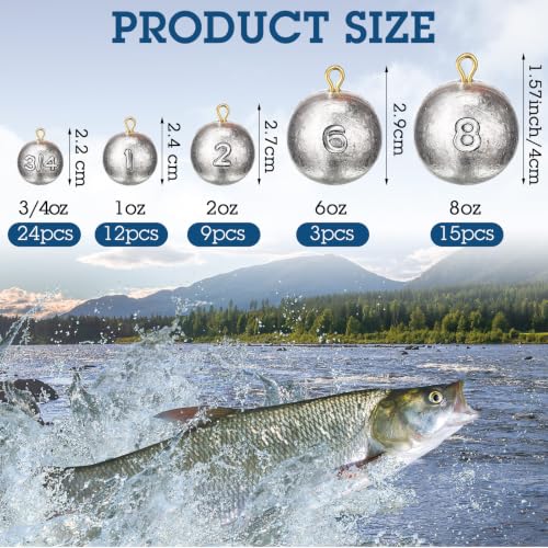 Fishing Weights Sinkers Cannonball Sinker Bass Fishing Casting for Saltwater in 3/4oz, 1oz, 2oz, 6oz, 8oz, 5 Size