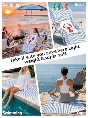 Blue Striped Red Lobster Print Beach Towel with Clips Set - Preppy Summer Coastal Crawfish Large Sand Free Towel 30x60 Inch for Beach Camping Swim Pool Gym Sports & Yoga - color: Btowels04