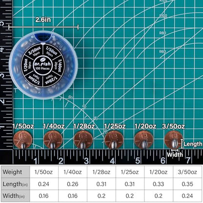 Dr.Fish 100 Pieces/Box Split Shot Sinkers Kit - 6 Sizes Lead Fishing Line Weights Clip on Sinkers for Fly Fishing, Freshwater, Trout Bulk Assortment