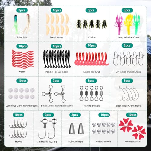 FONMANG Fishing Lures - Tackle Box with Tackle Included, Fishing Kit with VIBs, Frogs, Minnows, Soft Baits, Hooks & Weights Accessories, Freshwater Lure Kit for Bass Walleye Trout - color: F1-126pcs All-in-One